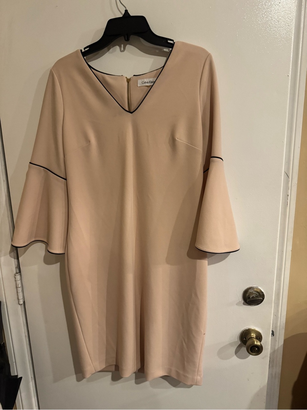 Calvin Klein Blush Beige Midi Shift Dress with Black Trim